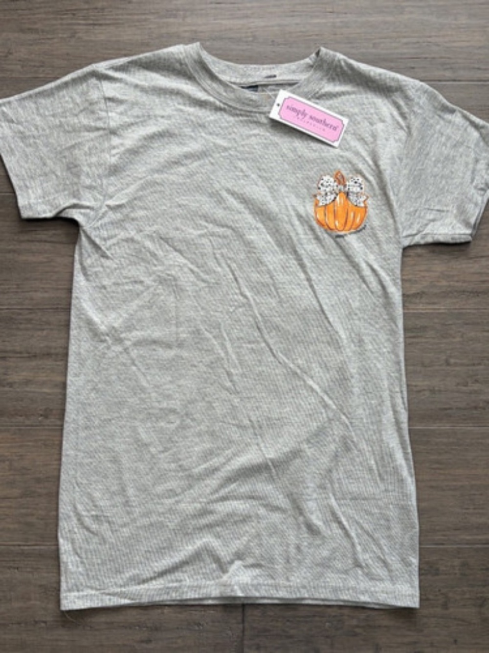 New Simply Southern Women's XS Gray Orange Pumpkin Bow Halloween Tee Shirt